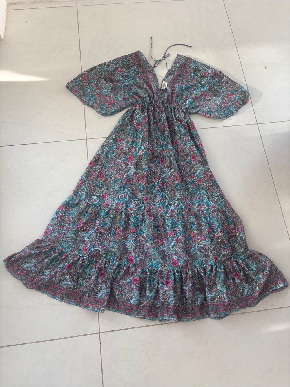 Bohemian Teal and Pink Floral Maxi Dress with Tie Neck